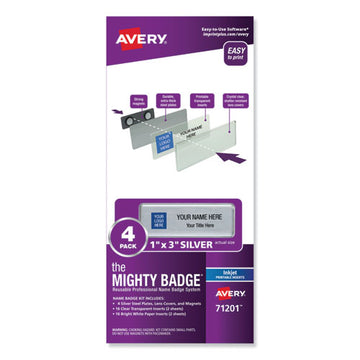 Avery® The Mighty Badge Name Badge Holder Kit, Horizontal, 3 X 1, Inkjet, Silver, 4 Holders-32 Inserts freeshipping - TVN Wholesale